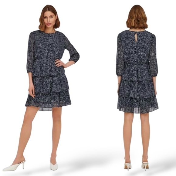 ONLY Easy Care Poly Chiffon Fully Lined, Tiered Long Sleeve Mini Dress US Sz 6 - Picture 1 of 11